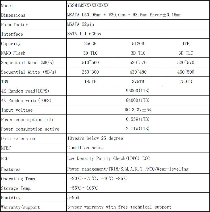 Yansen Msata SSD MLC 1tb SSD Solid State Disk with DRAM for Thin Clients and Vending Machine